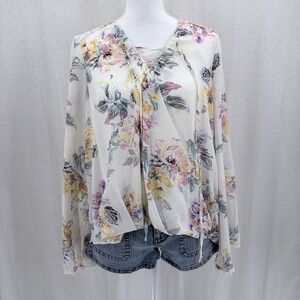 Umgee USA floral blouse with lace trim and tie front M feminine fairy boho